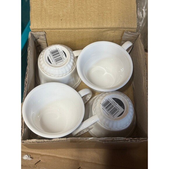 American Atelier Baroque White Coffee Cups Set of 4, Scalloped Embossed Dinner - Picture 3 of 4